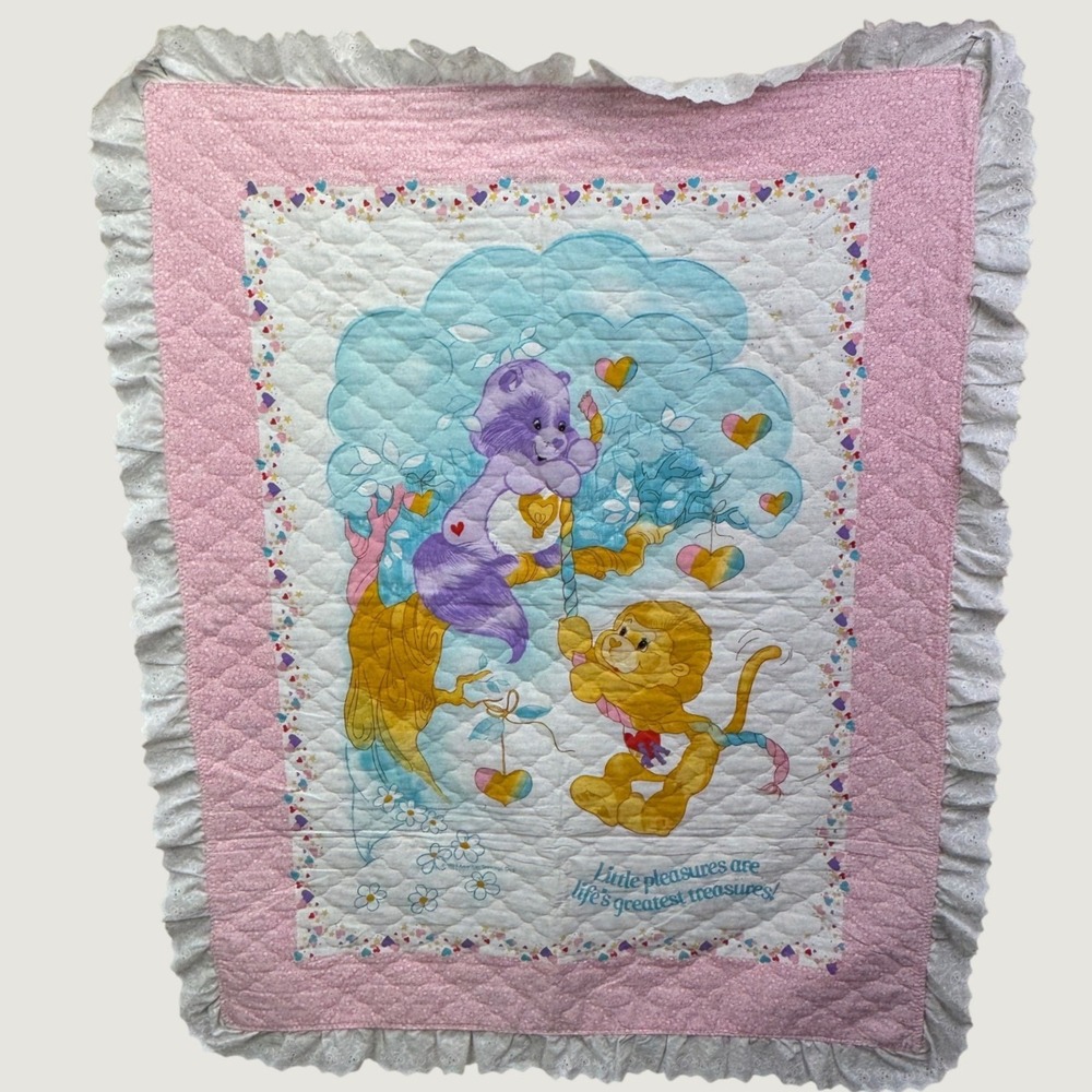 Vintage 80s Care Bears Cousins Baby Blanket Quilt Pink Eyelet Ruffles Kidcore